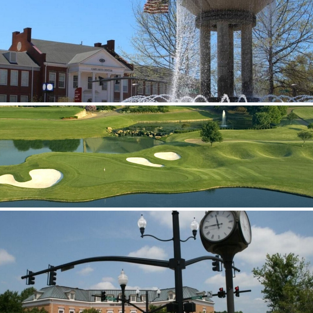 Town of Cary Water Fountain Golf Course Intersection with Clock and Stoplights