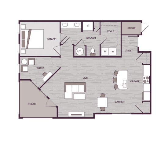 Peak Suites in Cary The Aster 1 bed 1 bath 1102 square feet floor plan
