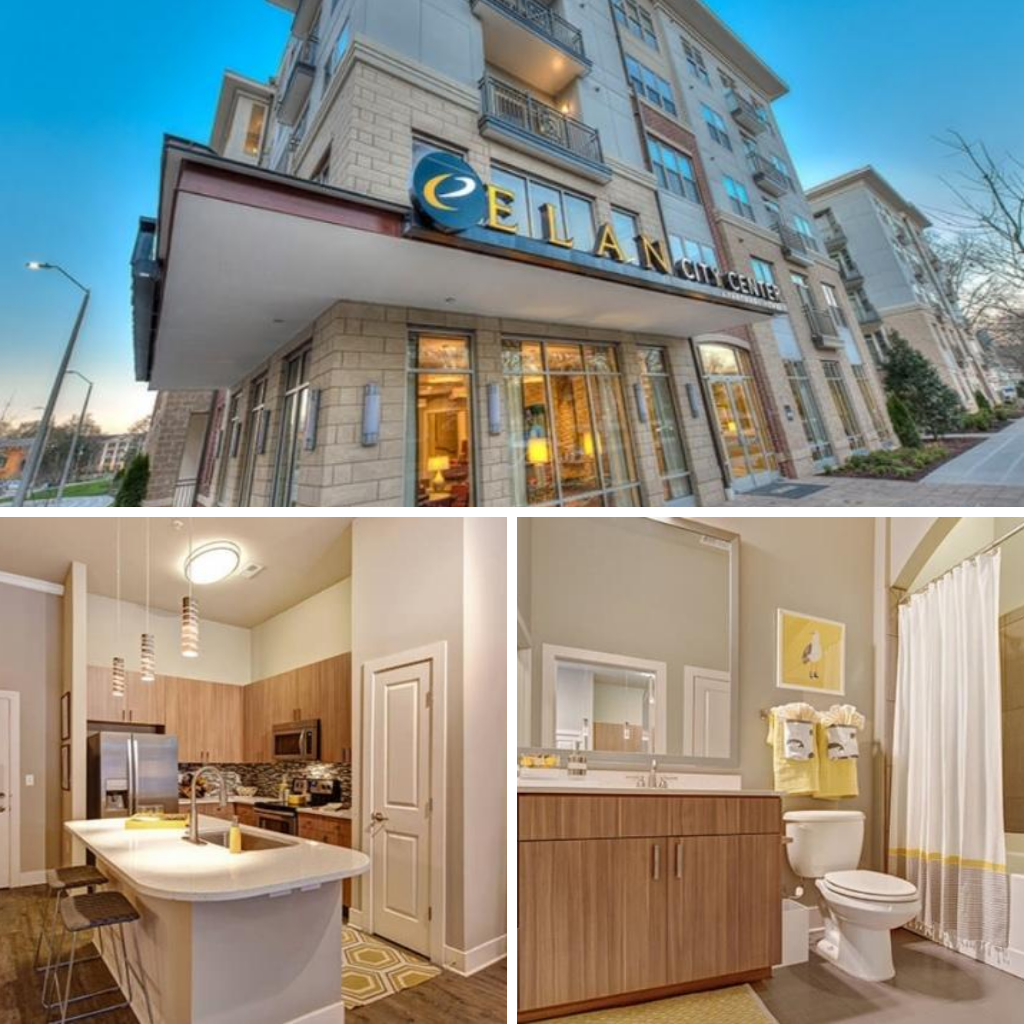 Peak Suites Elan City Center in Raleigh outside building, kitchen, and bath