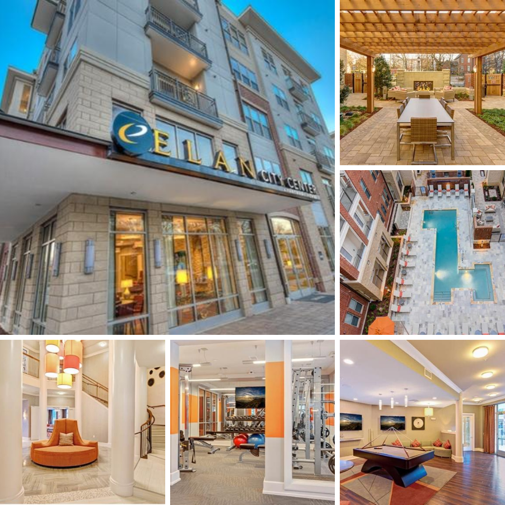 Peak Suites Elan City Center in Raleigh outside building outdoor seating pool game room gym lobby