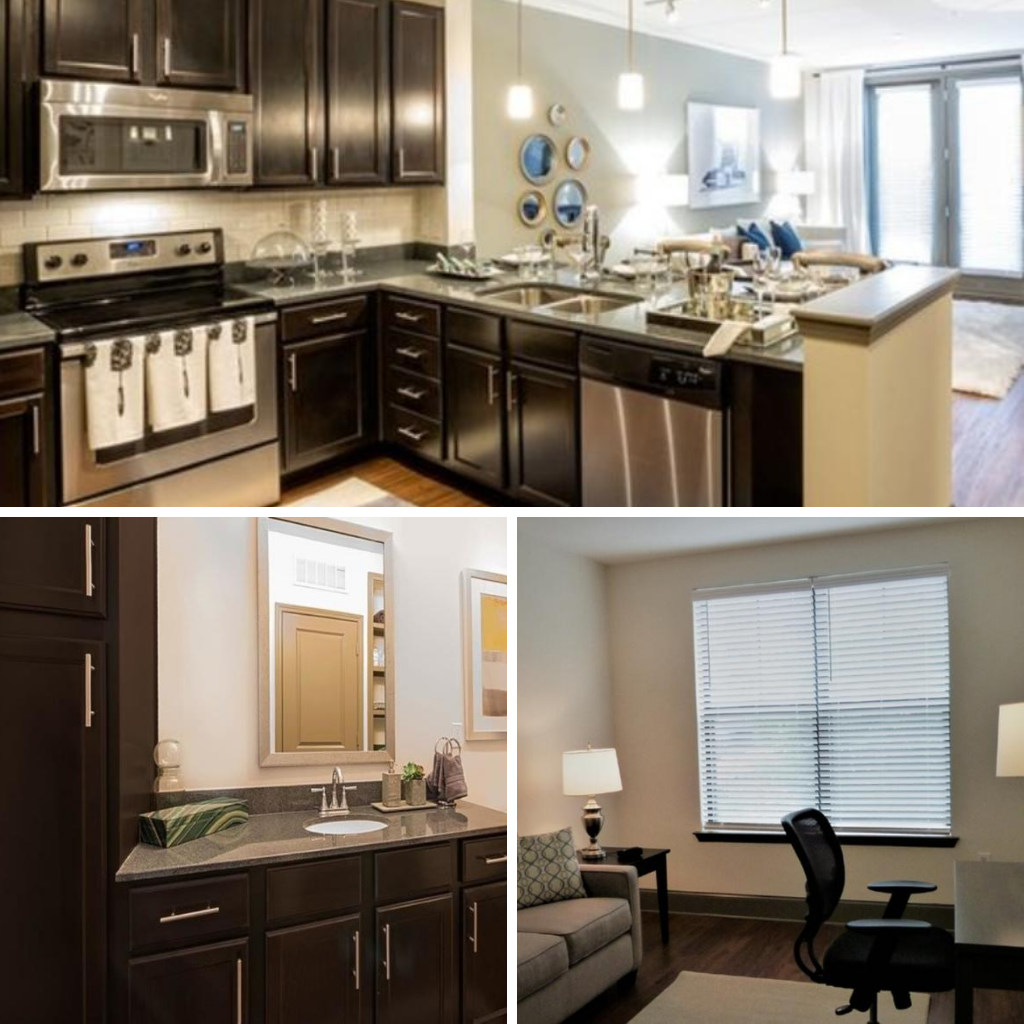Peak Suites Raleigh Midtown Green Kitchen Bath Second Bedroom with Office Chair and Desk